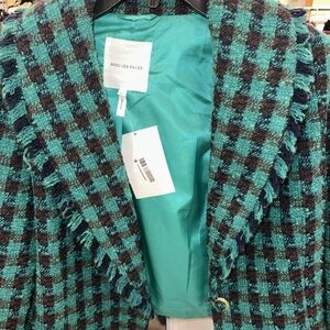 Avec Les Filles Teal and Brown Checkered Blazer